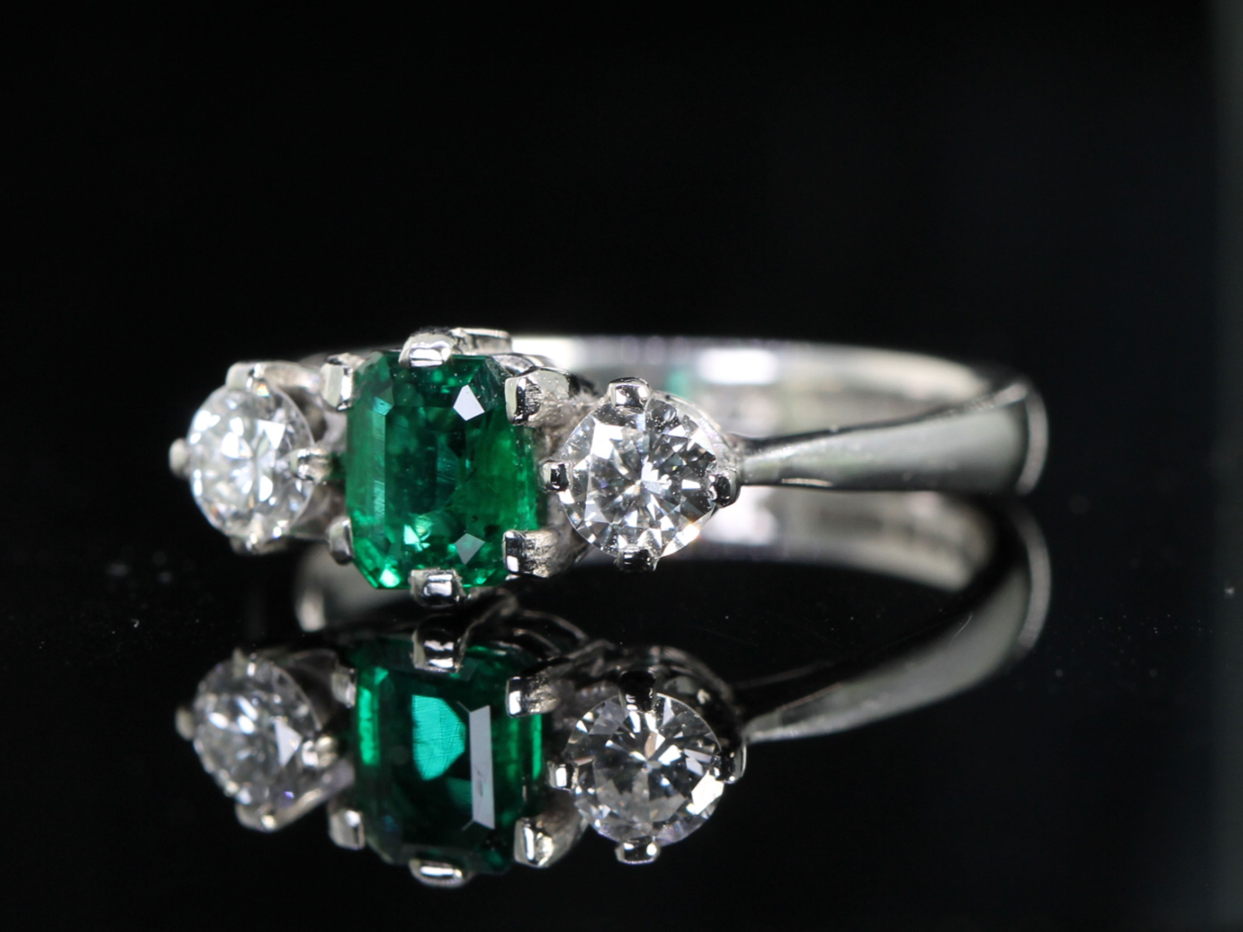 Vintage Dates 1959 Emerald and Diamond Platinum Trilogy Ring