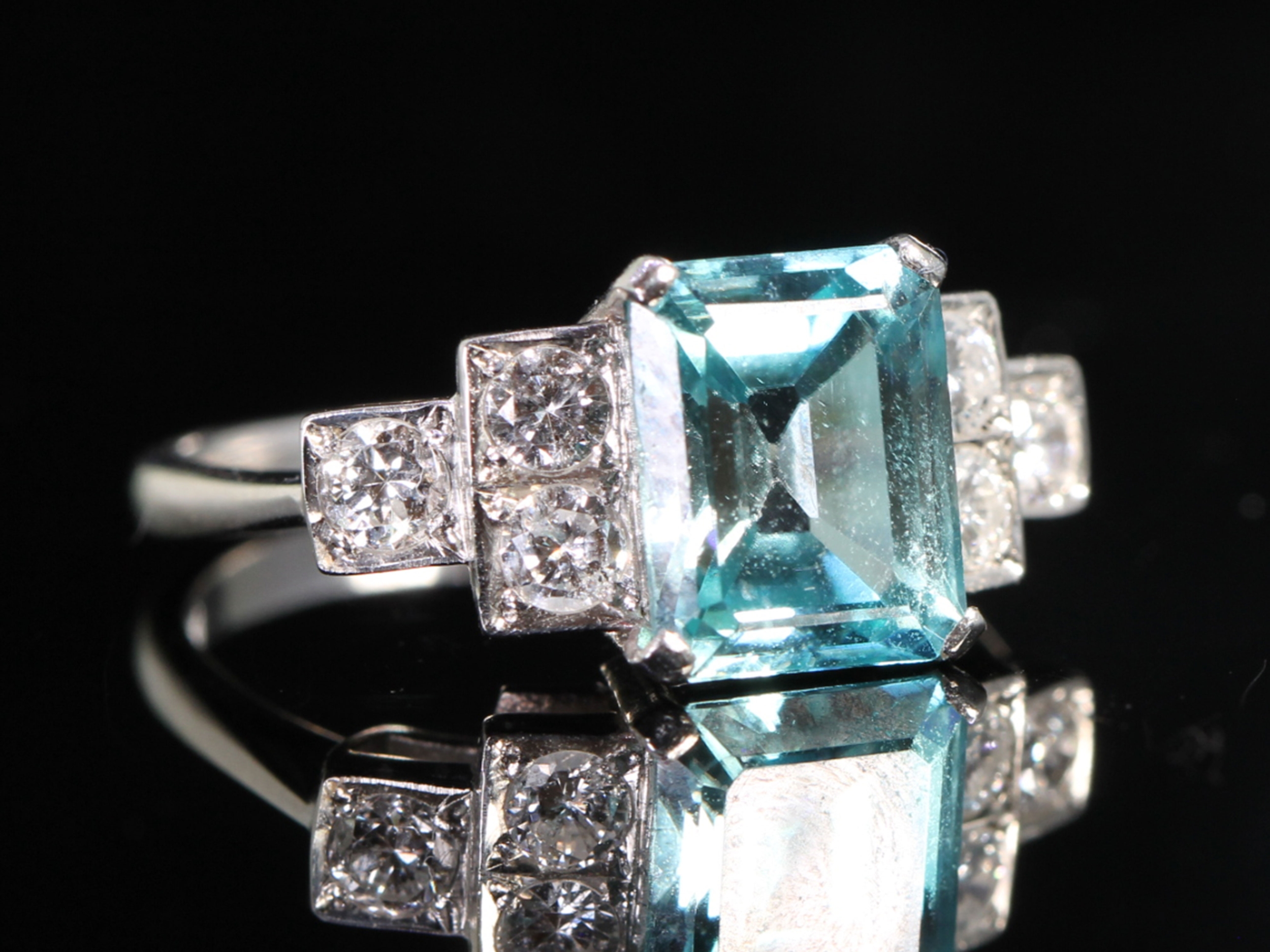 Art Deco Style Natural Blue Zircon and Diamond Platinum Ring