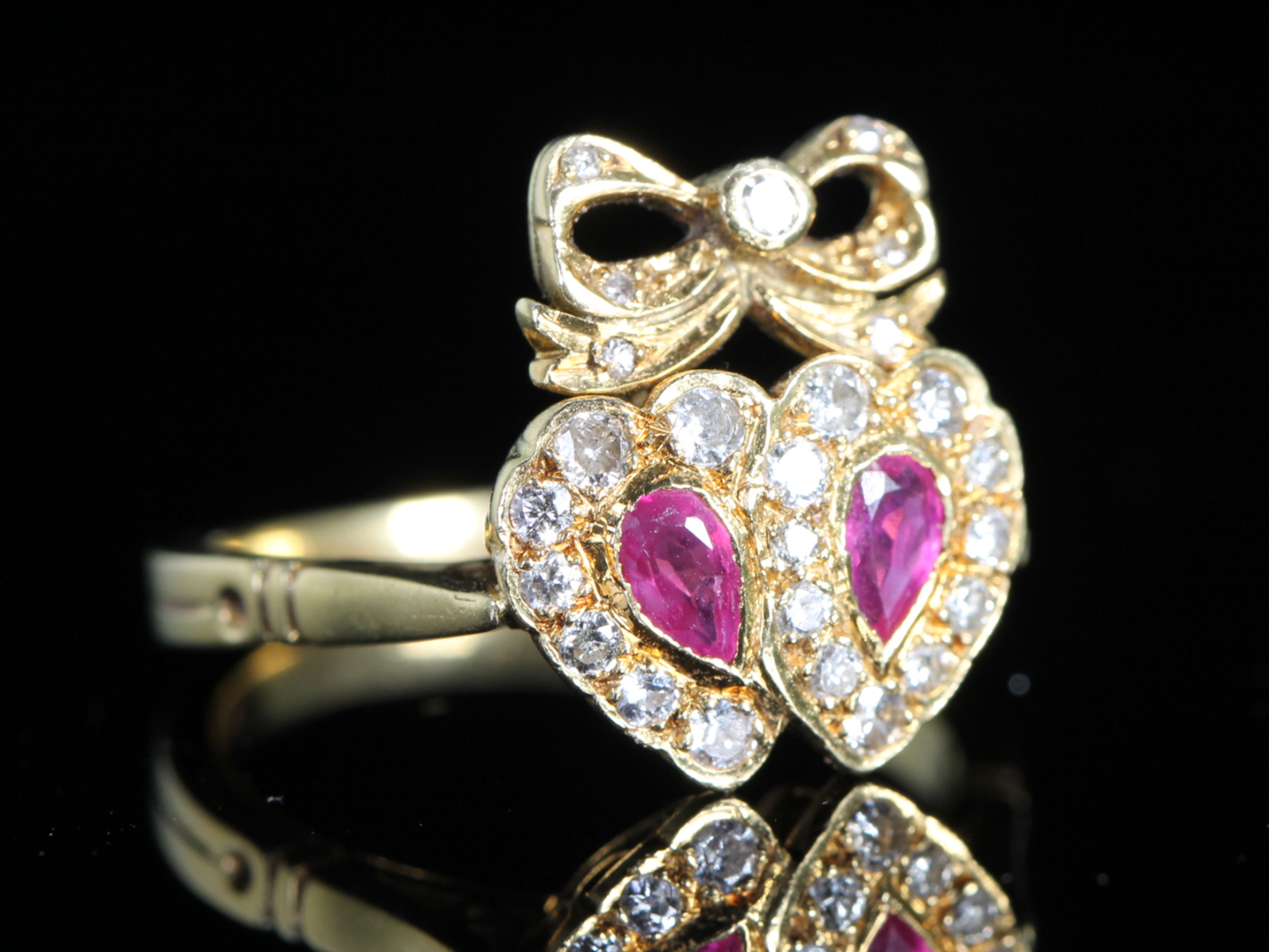 Vintage Ruby and Diamond Double Heart 18ct Gold Ring