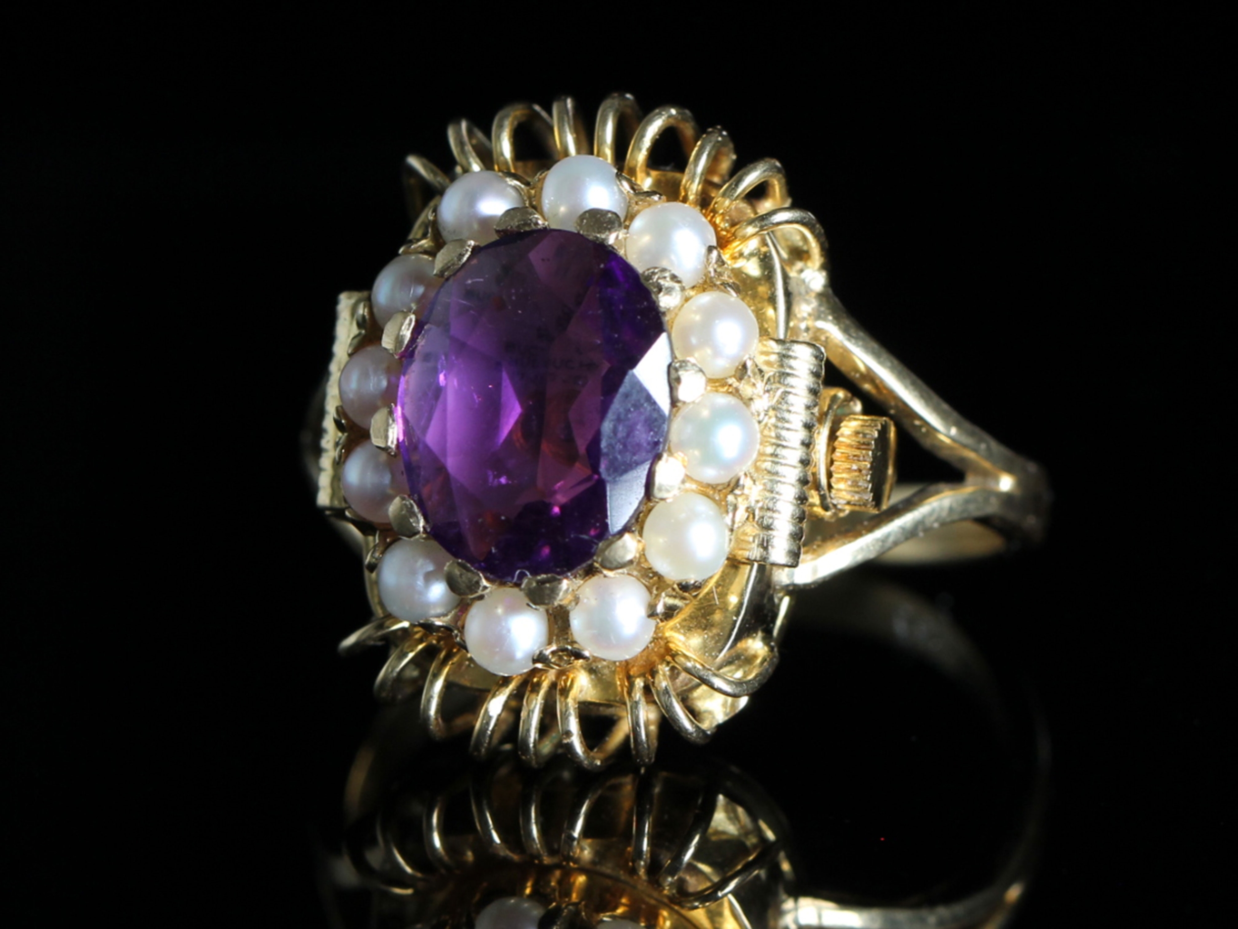 Vintage Bucherer Amethyst and Pearl Watch Ring 18ct Gold