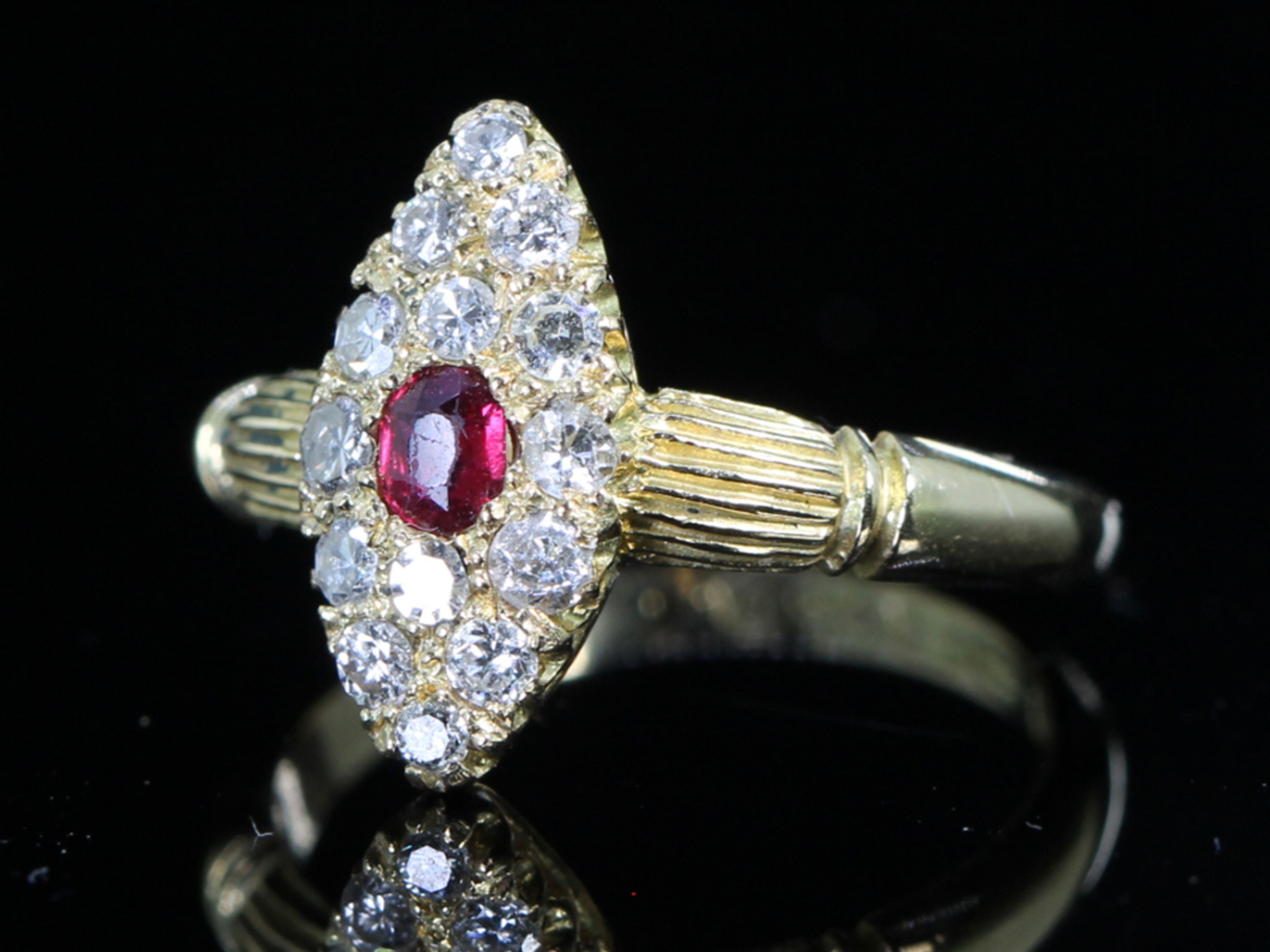 Edwardian Ruby and Diamond Navette 18ct Gold Ring