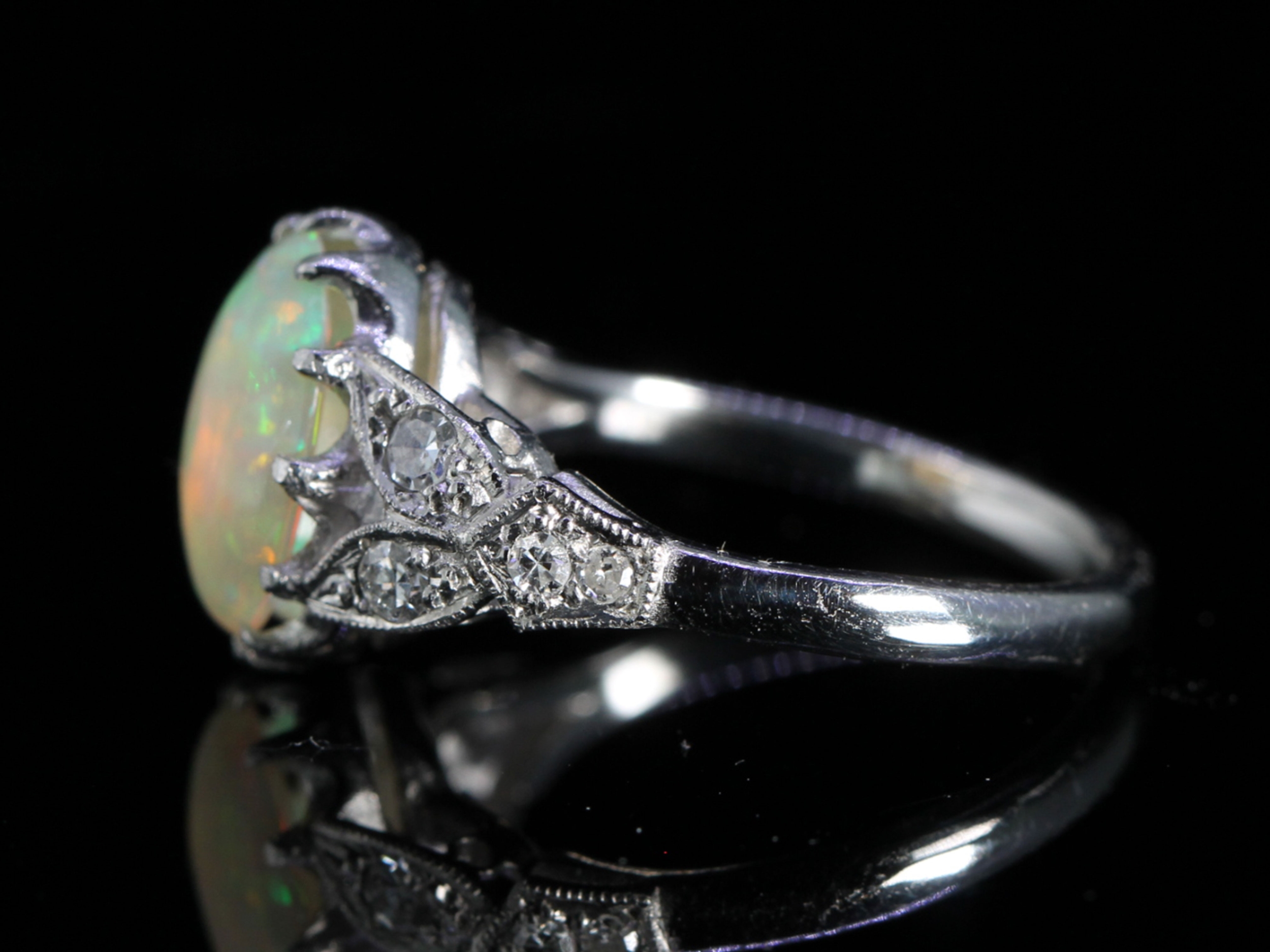 Vintage Art Deco Style 2.50ct Opal and Diamond Platinum Ring