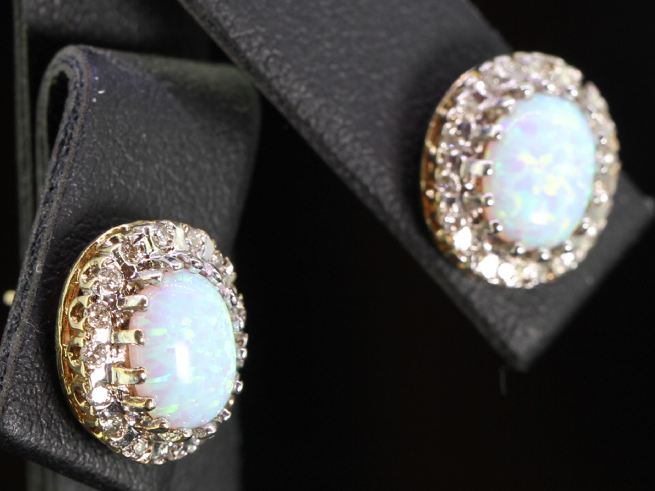 Beautiful 9 Carat Gold Opal and Diamond Cluster Stud Earrings