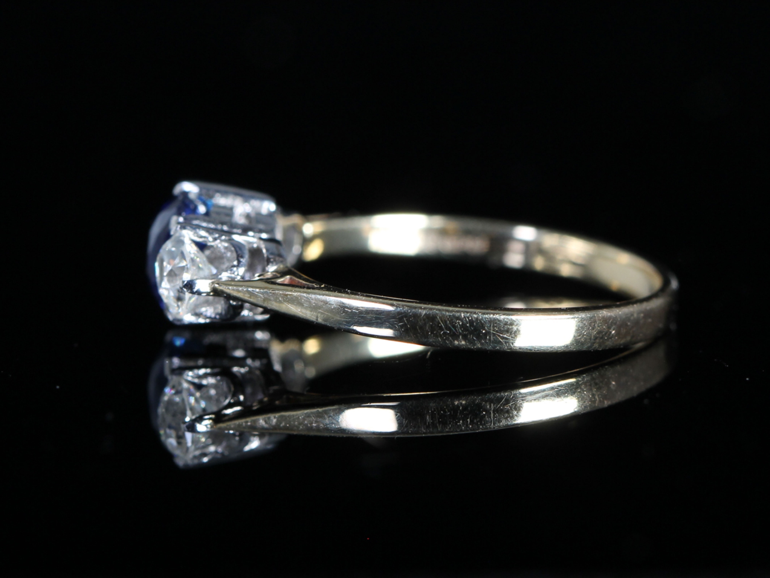 Vintage Natural Sapphire and Old Cut Diamond 18ct Gold Trilogy Ring