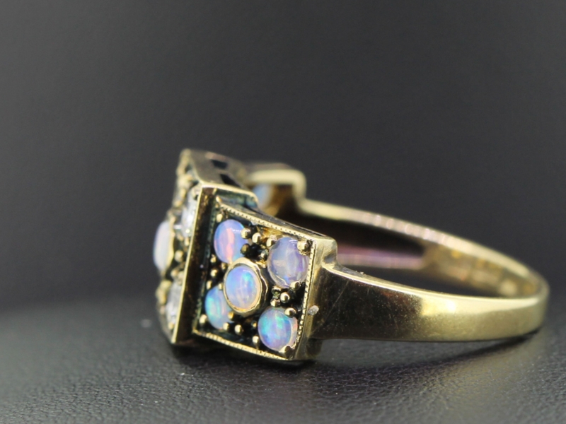 LOVELY TRIPLE SQUARE SET 9 CARAT GOLD OPAL AND DIAMOND RING