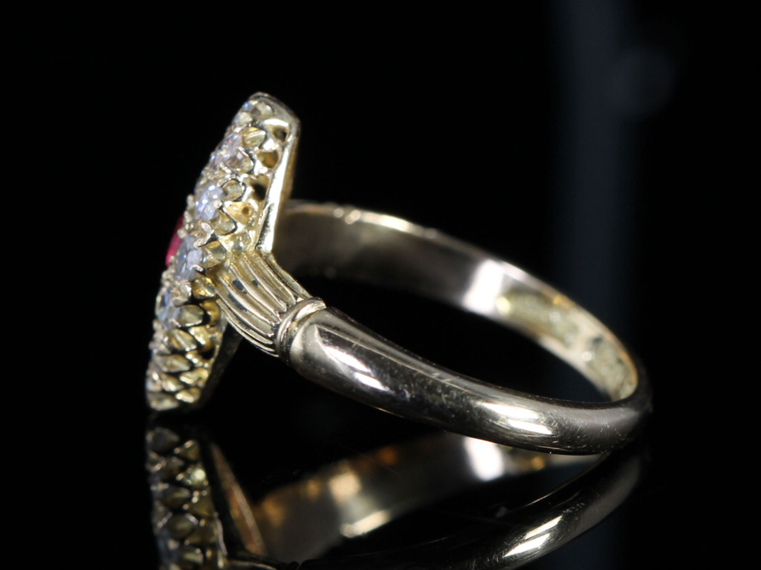 Edwardian Ruby and Diamond Navette 18ct Gold Ring