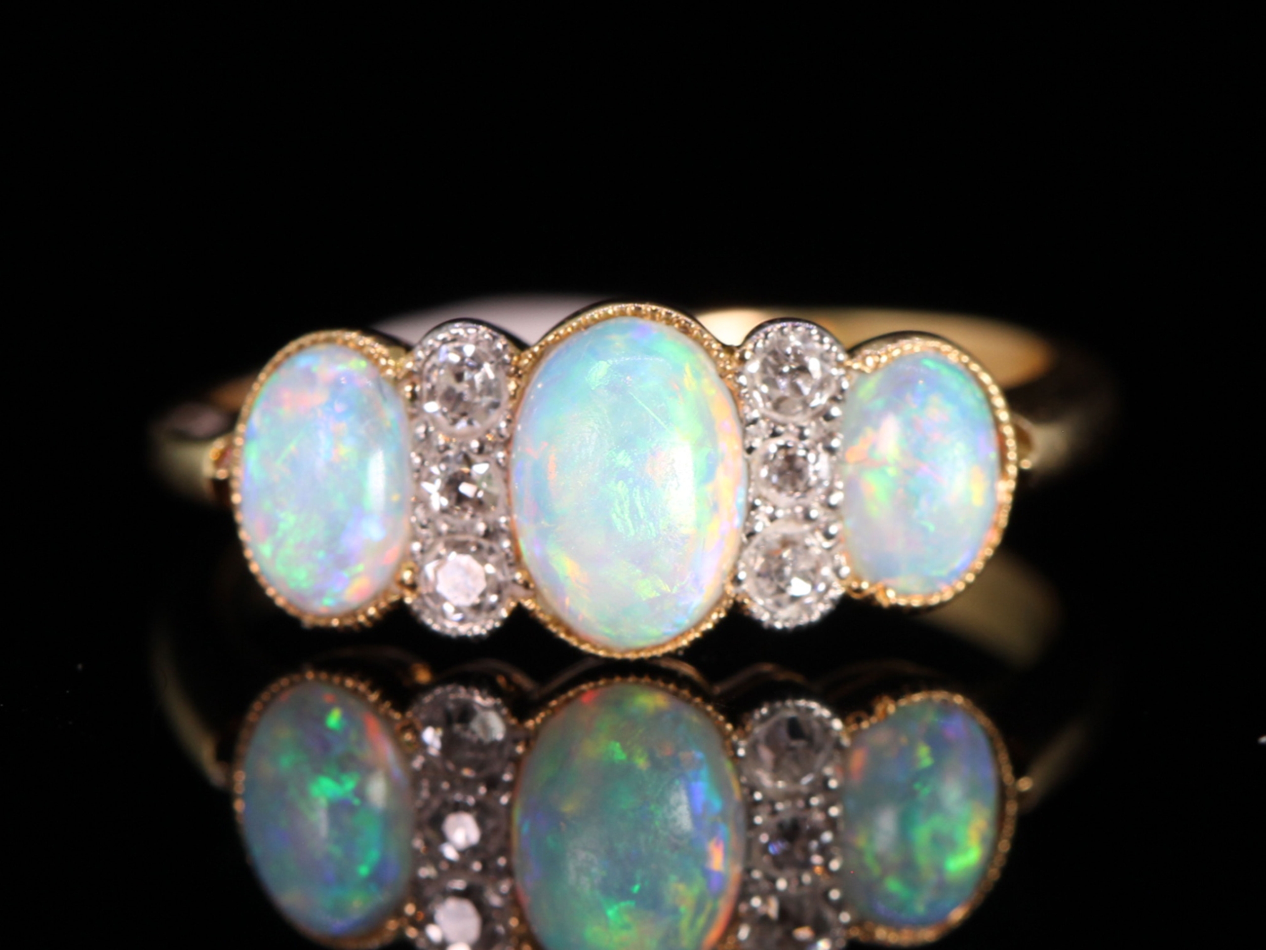  Victorian Three Stone Opal and Diamond 18ct Gold Ring