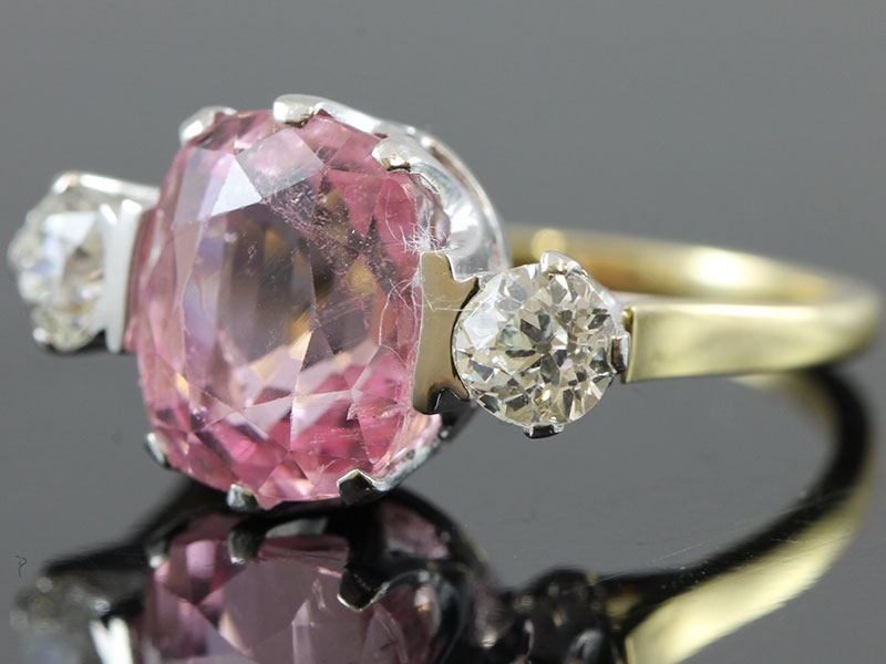 GORGEOUS PINK TOURMALINE AND DIAMOND 18 CARAT GOLD TRILOGY RING