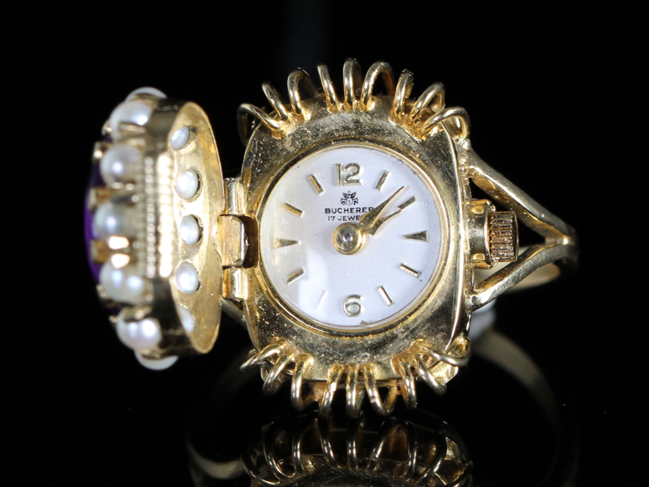 Vintage Bucherer Amethyst and Pearl Watch Ring 18ct Gold