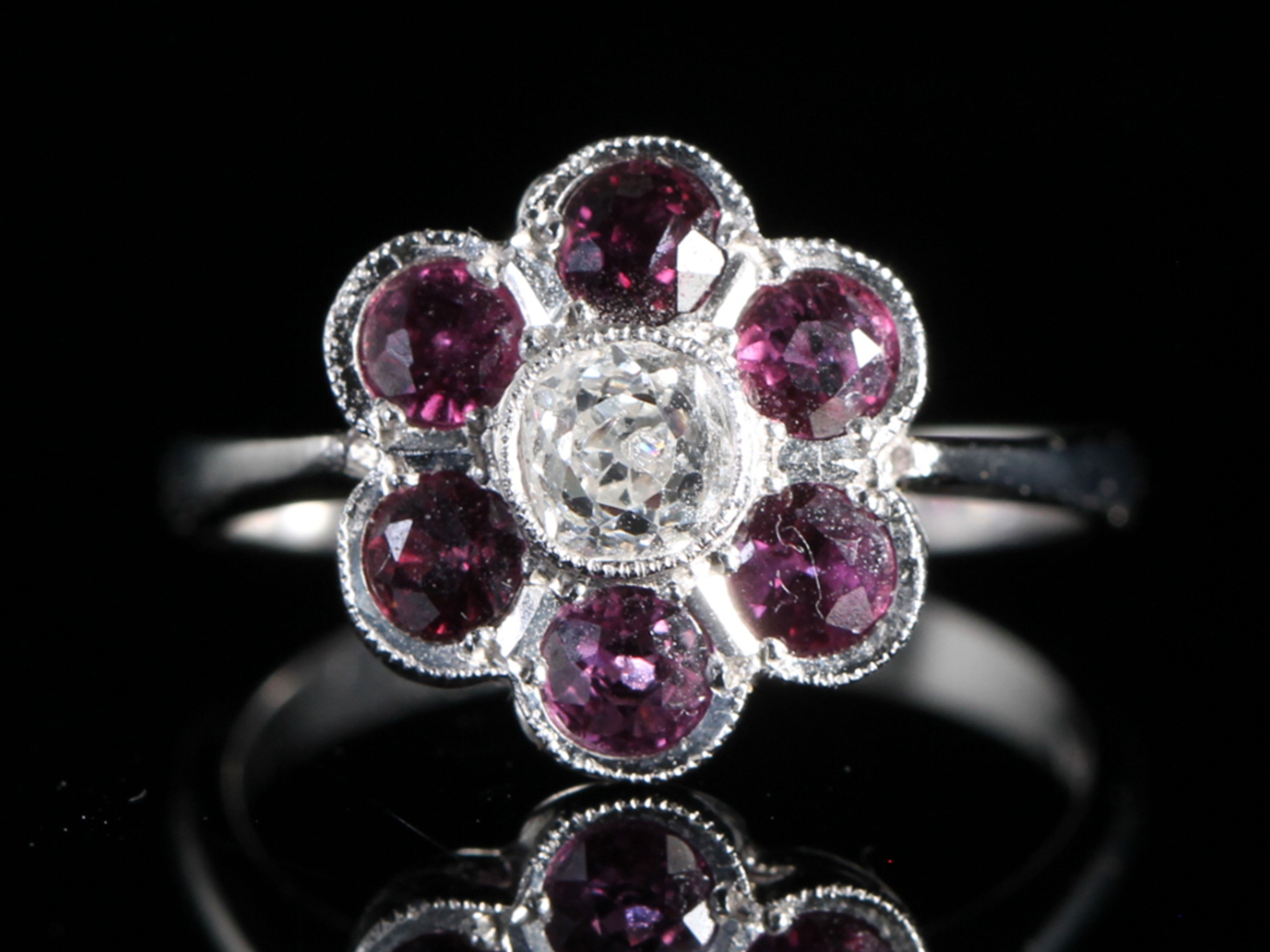 Edwardian Diamond and Natural Ruby 18ct Gold Cluster Ring