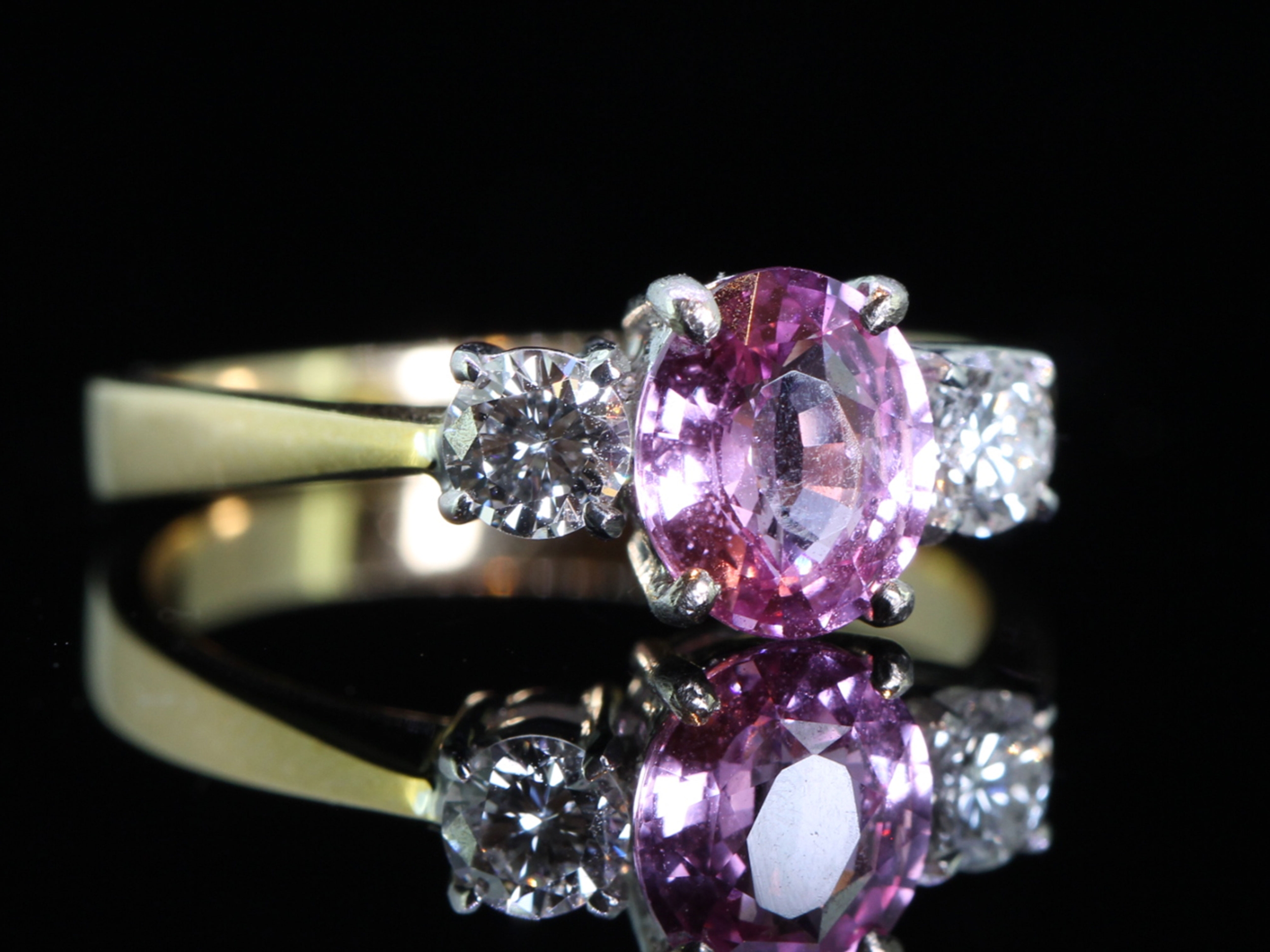 Beautiful Pink Sapphire and Diamond 18 Carat Gold Trilogy Ring
