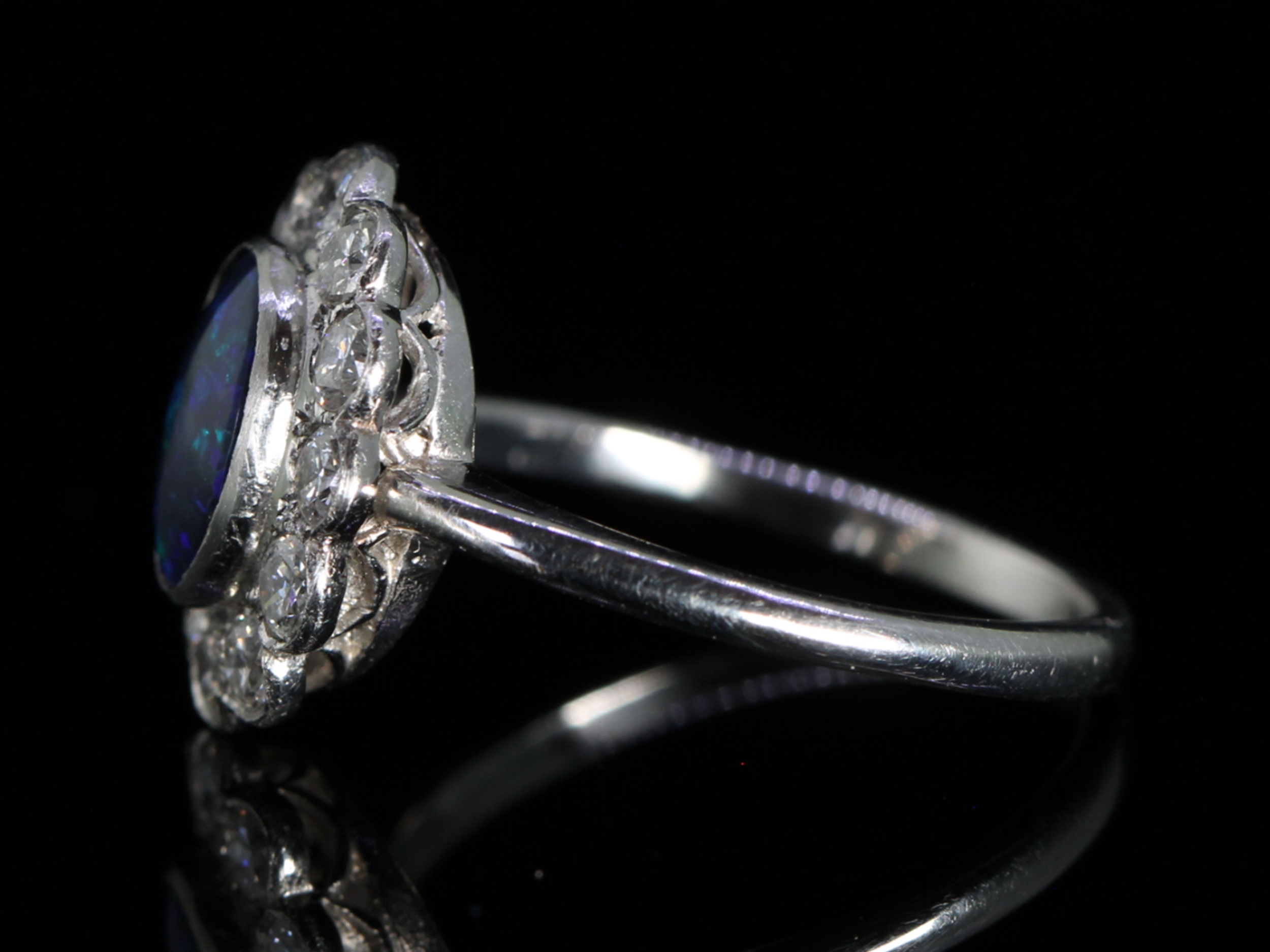  Vintage Black Opal and Diamond Cluster Platinum Ring