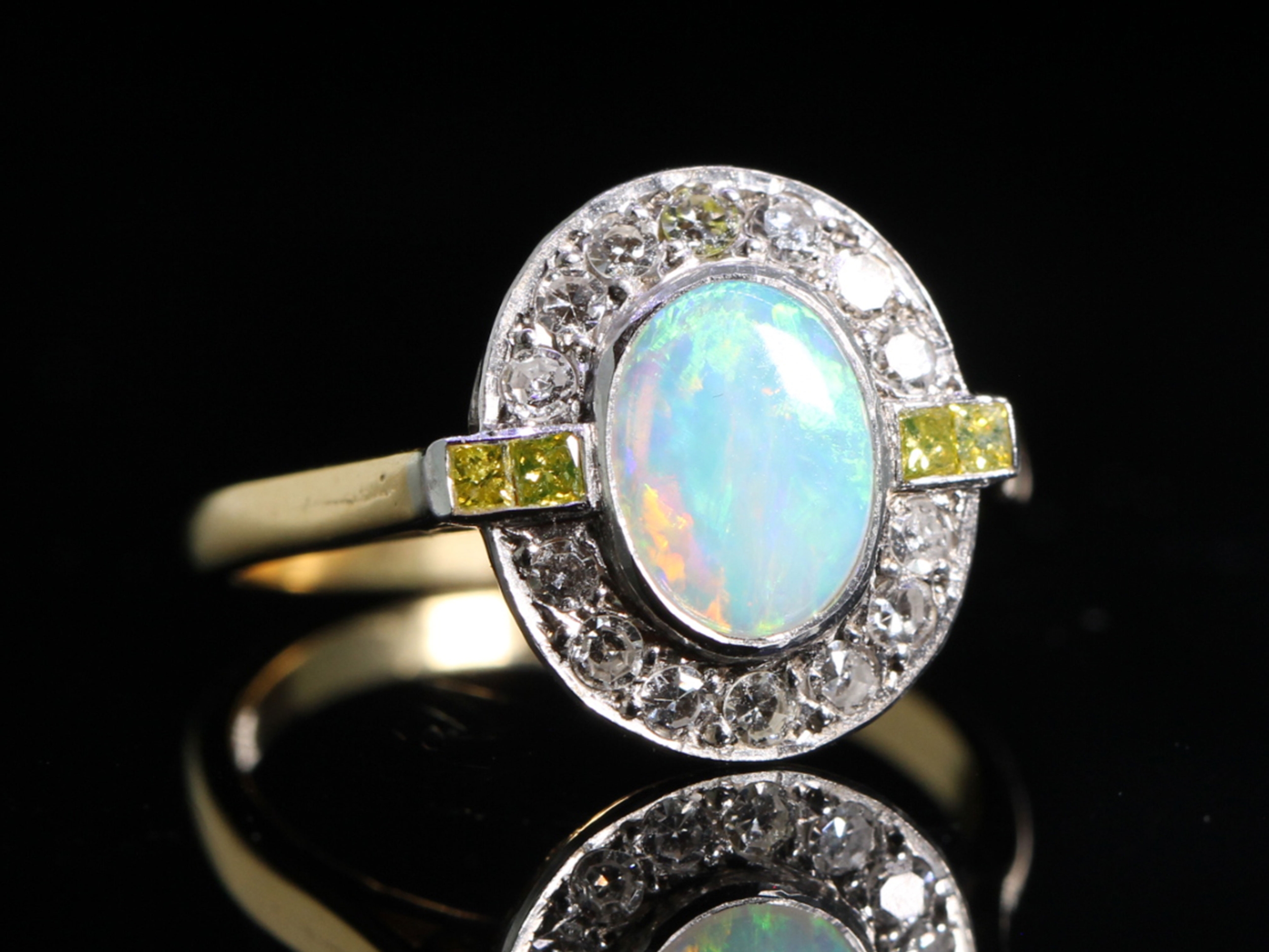 Art Deco Style Opal and Diamond 18ct Gold Cluster Ring 