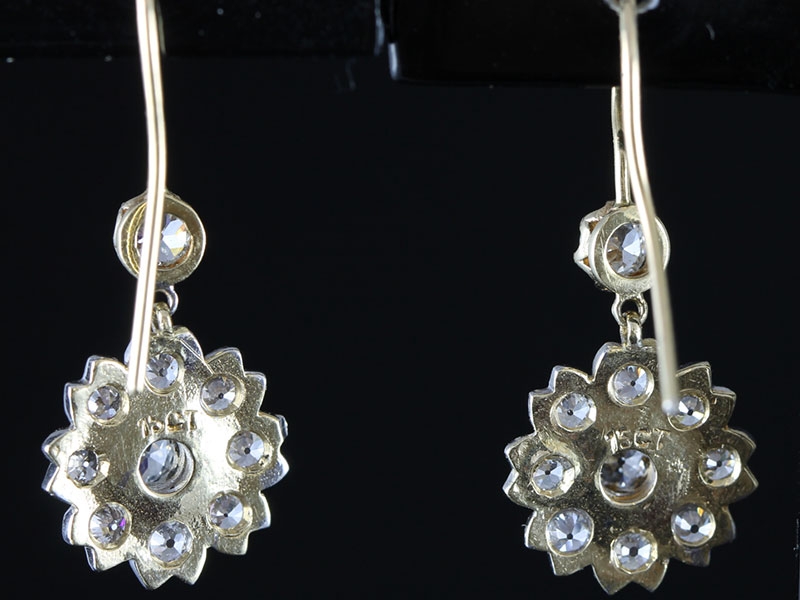 RADIANT 15 CARAT GOLD DIAMOND FLOWER CLUSTER DROP EARRINGS