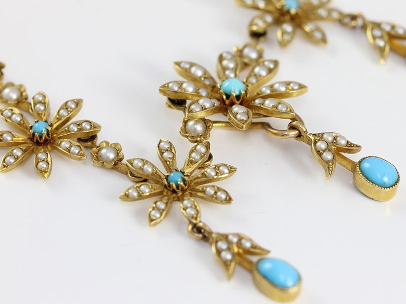 FABULOUS EDWARDIAN TURQUOISE AND PEARL 15 CARAT GOLD NECKLACE 