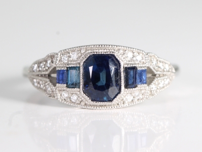Art Deco Style Sapphire and Diamond Platinum Ring