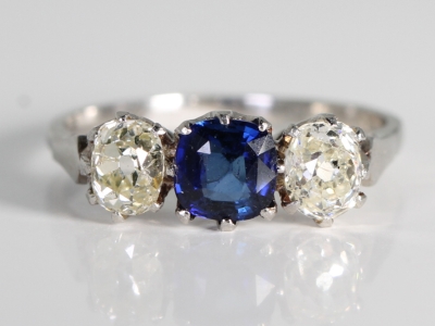Edwardian Sapphire and Old Cut Diamonds Platinum Trilogy Ring