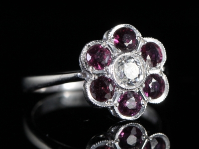 Edwardian Diamond and Natural Ruby 18ct Gold Cluster Ring