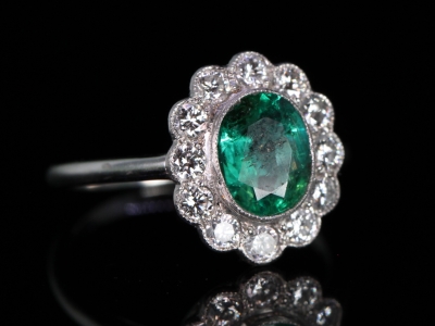  Vintage Colombian Emerald and Diamond Platinum Cluster Ring 