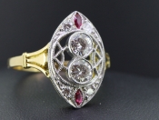  WONDERFUL NEVETTE ART DECO INSPIRED DIAMOND AND RUBY 18 CARAT GOLD RING