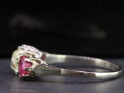 STUNNING BURMESE RUBY AND DIAMOND THREE STONE PLATINUM RING