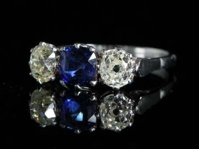 Edwardian Sapphire and Old Cut Diamonds Platinum Trilogy Ring