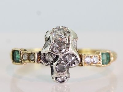 Wonderful Diamond Set Silver Skull and Emerald and Diamond 18 Carat Gold Mourning Ring