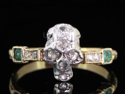 Wonderful Diamond Set Silver Skull and Emerald and Diamond 18 Carat Gold Mourning Ring