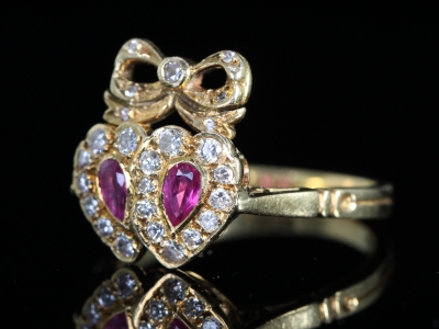 Vintage Ruby and Diamond Double Heart 18ct Gold Ring