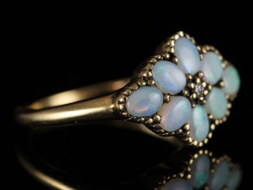 A VERY PRETTY  9 CARAT GOLD OPAL AND DIAMOND FLOWER RING