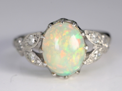 Vintage Art Deco Style 2.50ct Opal and Diamond Platinum Ring