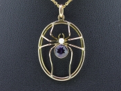 LOVELY AMETHYST AND PEARL SPIDER 9 CARAT GOLD PENDANT