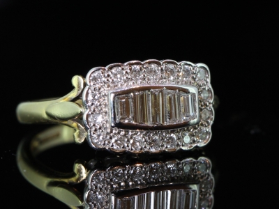 Beautiful Baguette and Brilliant Cut Diamond Cluster 18 Carat Gold Ring