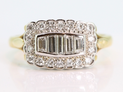 Beautiful Baguette and Brilliant Cut Diamond Cluster 18 Carat Gold Ring