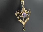 SPECTACULAR EDWARDIAN SEED PEARL, DIAMOND, AMETHYST, GREEN GARNET 9CT BROOCH-PENDANT