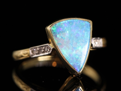 Vintage Trillion Cut Black Opal and Diamond 18ct Gold Ring 