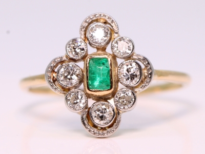 Art Deco Emerald and Diamond 18ct Gold and Platinum Ring