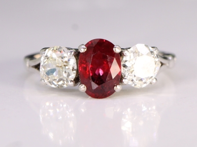 Art Deco Natural Ruby and Diamond 18ct Gold Trilogy Ring