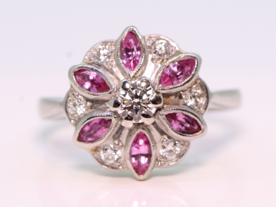 Vintage Ruby and Diamond Platinum Cocktail Ring  