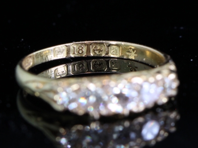 Edwardian Carved Half Hoop Diamond 18ct Gold Ring 