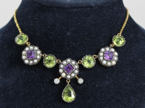 STUNNING SUFFRAGETTE EDWARDIAN AMETHYST PERIDOT PEARL AND DIAMOND 9 CARAT GOLD NECKLACE