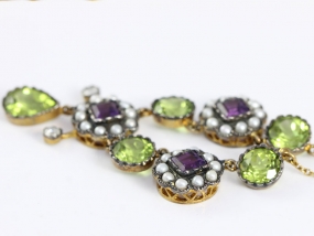 STUNNING SUFFRAGETTE EDWARDIAN AMETHYST PERIDOT PEARL AND DIAMOND 9 CARAT GOLD NECKLACE