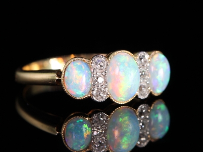  Victorian Three Stone Opal and Diamond 18ct Gold Ring