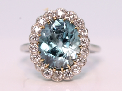  Art Deco 4ct Natural Blue Zircon and Diamond 18ct Gold Cluster Ring