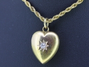 WONDERFUL EDWARDIAN 15 CARAT GOLD DIAMOND HEART LOCKET AND CHAIN 