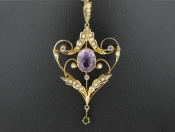 SPECTACULAR EDWARDIAN SEED PEARL, DIAMOND, AMETHYST, GREEN GARNET 9CT BROOCH-PENDANT