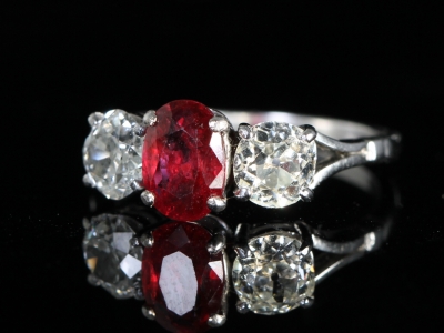 Art Deco Natural Ruby and Diamond 18ct Gold Trilogy Ring