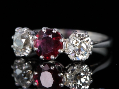 Art Deco Ruby and Diamond Platinum Trilogy Ring  