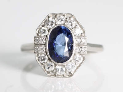 Vintage Sapphire and Diamond Platinum Cluster Ring