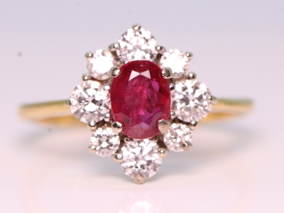 Unique Ruby and Diamond 18 carat Gold Cluster Ring